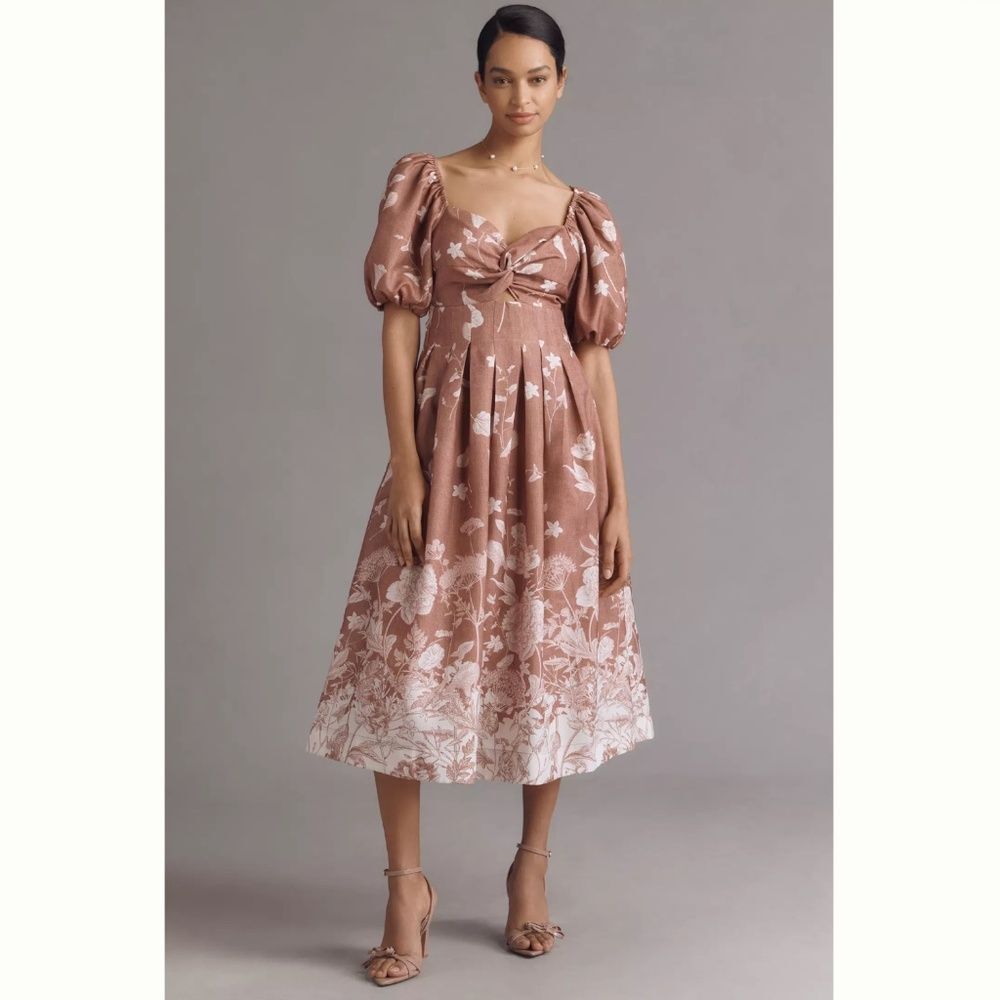 Anthropologie En Saison Monet Puff-Sleeve Square-Neck Midi Dress